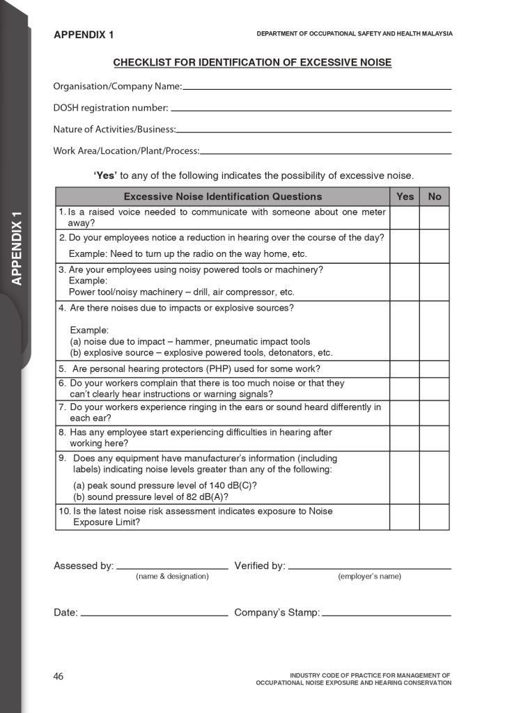 Appendix 1 - Checklist for identification of excessive noise