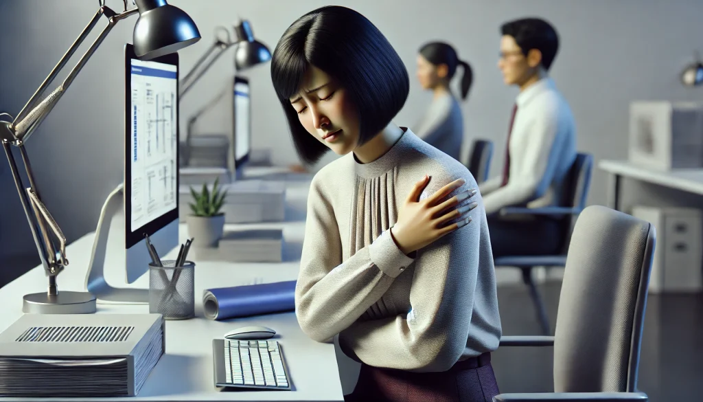 An illustration of an office worker in pain due to ergonomic risk.