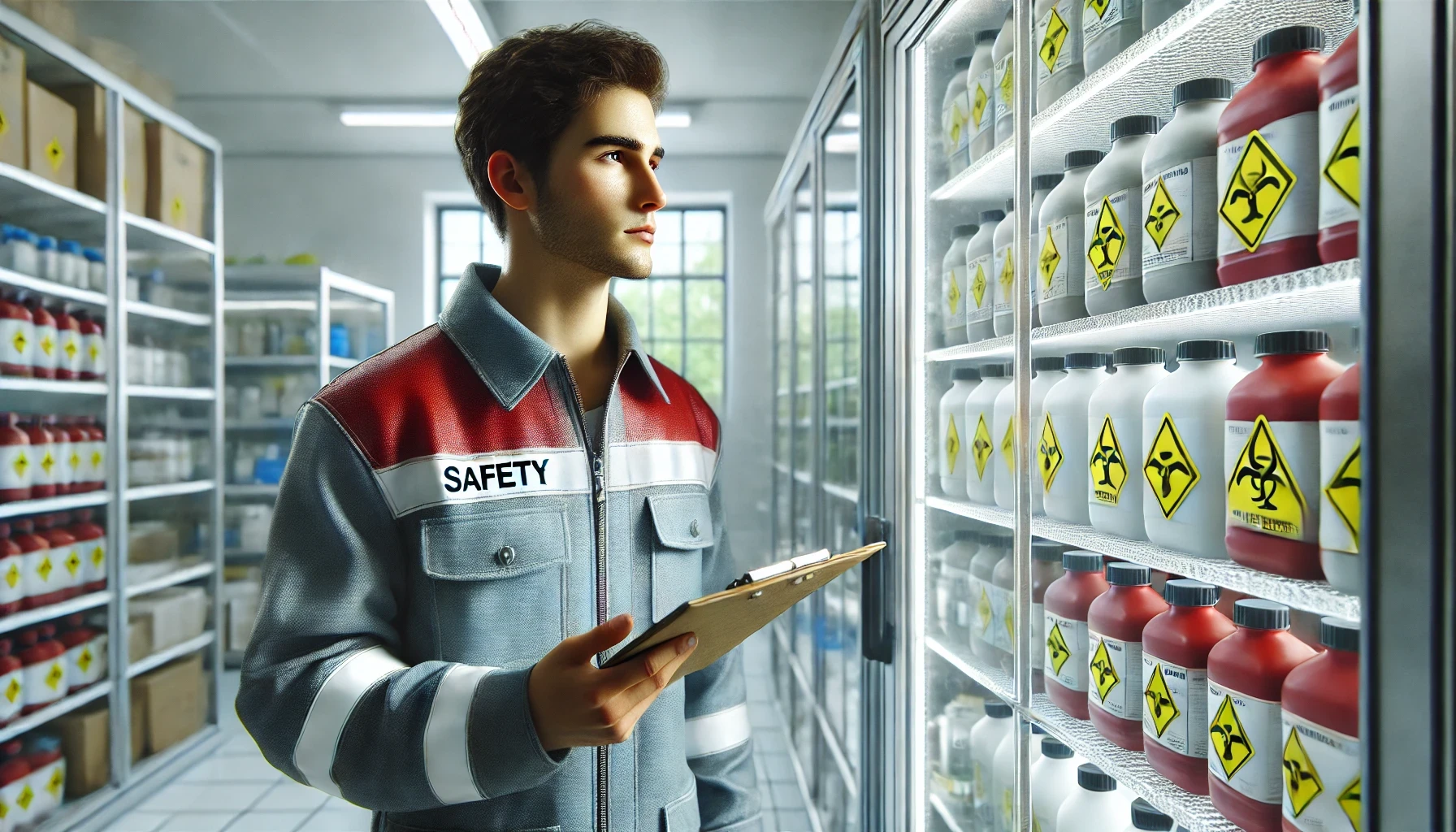 An illustration of a worker preparing chemical register.