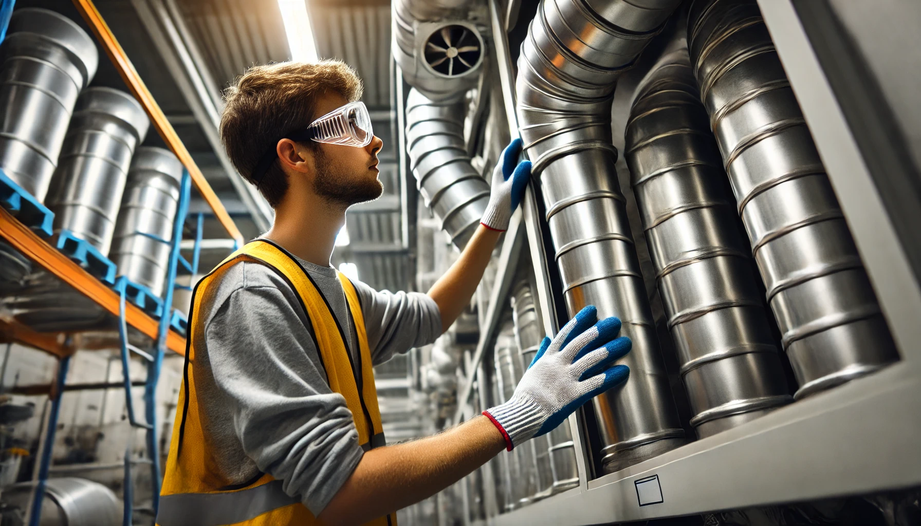 An illustration of a worker inspecting the ducting of an LEV system.