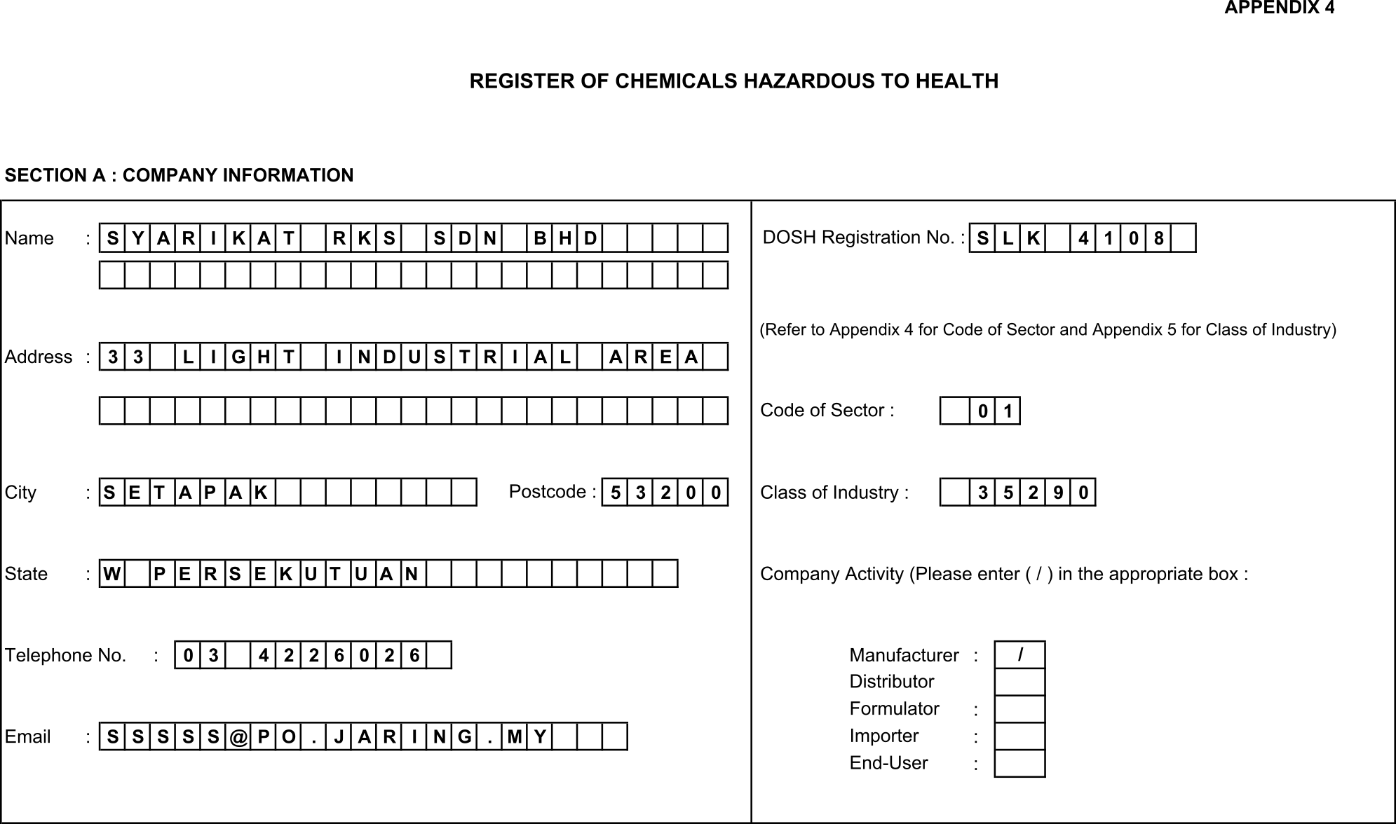 A filled example of section A of the chemical register.